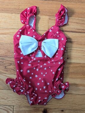 SweetHoney Red Star Print Girls Retro One-Piece Swimsuit with White Bow